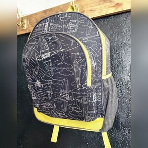 GYMBOREE AIRPLANES PATTERN BACKPACK BLACK AND YELLOW 2 ZIP POCKETS 1 CUP SLEEVE